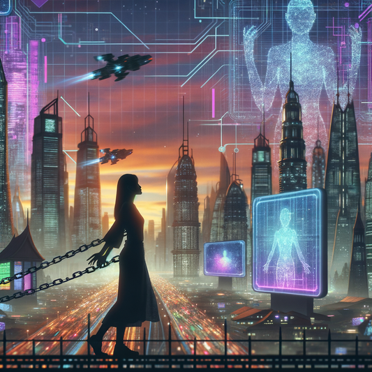 Lady in chains walking a bridge in a night time scene across a motorway in a neon lit futuristic city with space craft in the air and AI style human bodies depicted in the background.